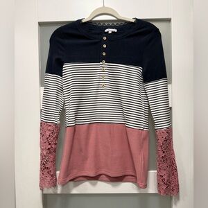 White Birch Navy Lace Trim Top